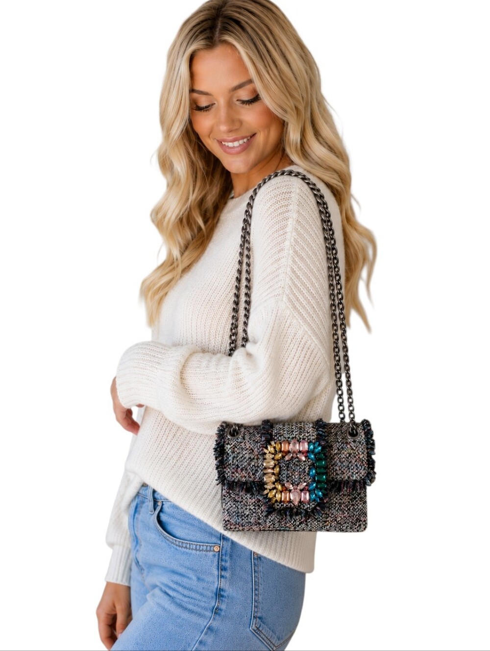 Kurt Geiger London Tweed Rainbow Crystal Embellished Chain Shoulder Bag